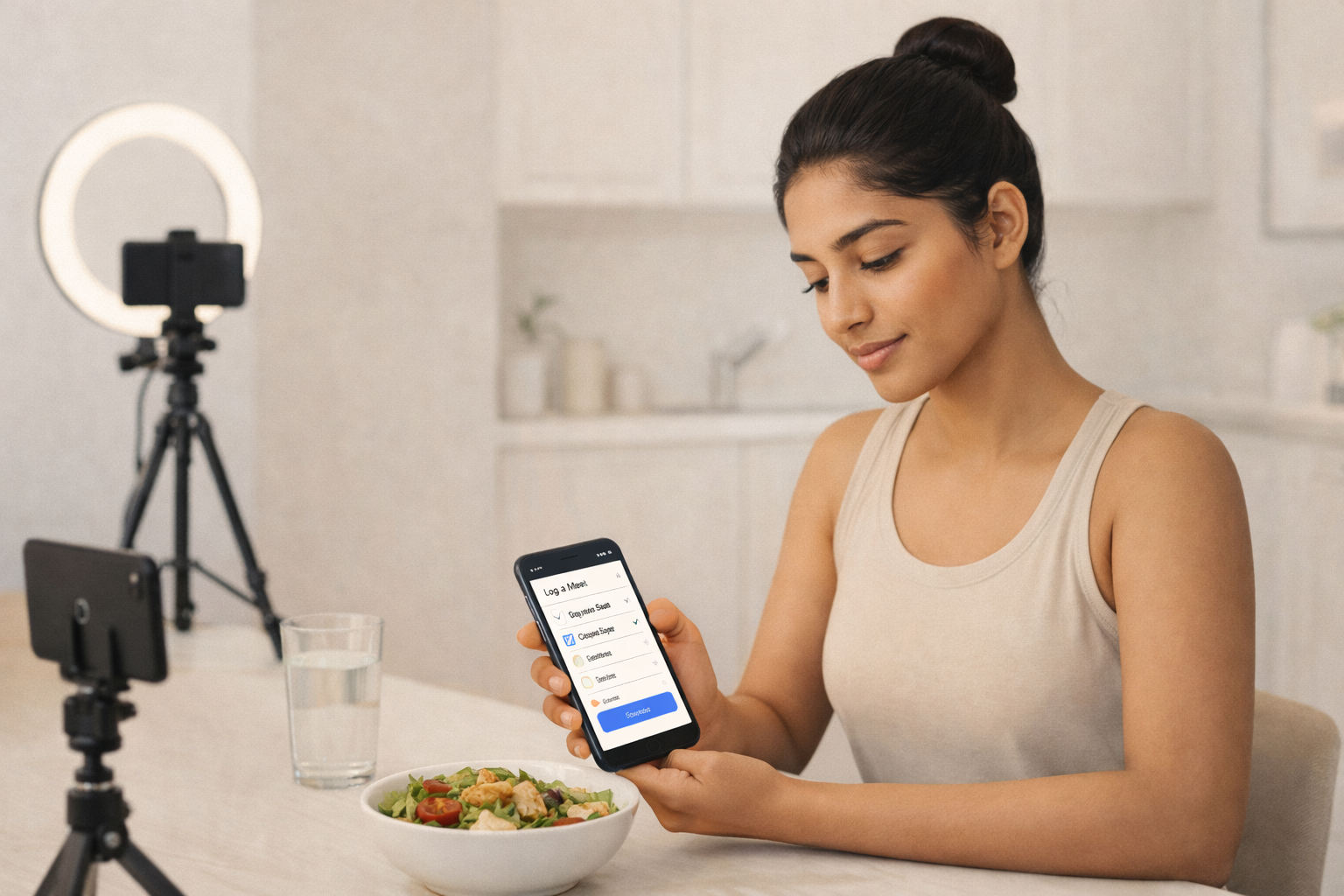 Creator showing Alpha Coach app with a real meal