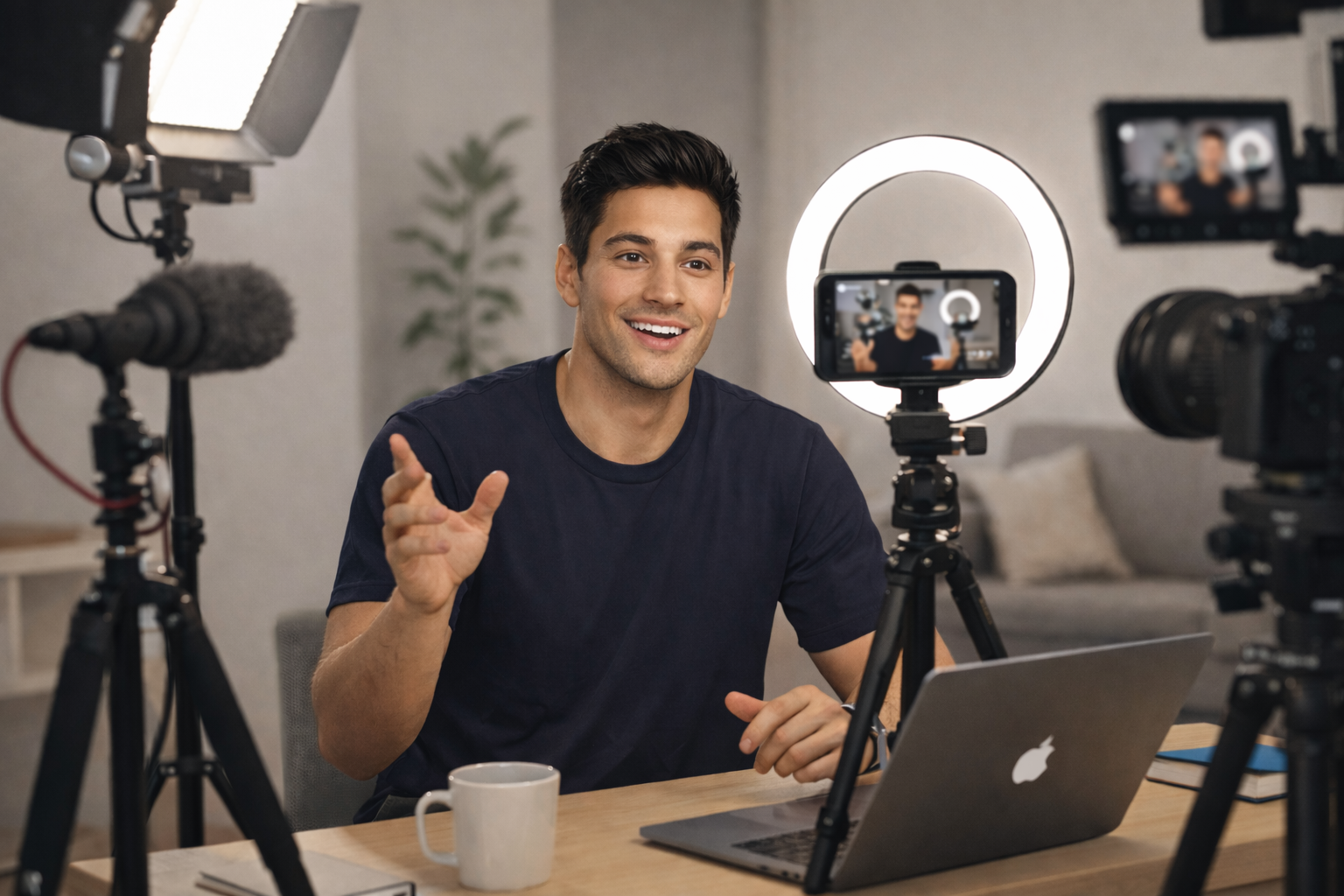 Creator filming Alpha Coach content with ring light